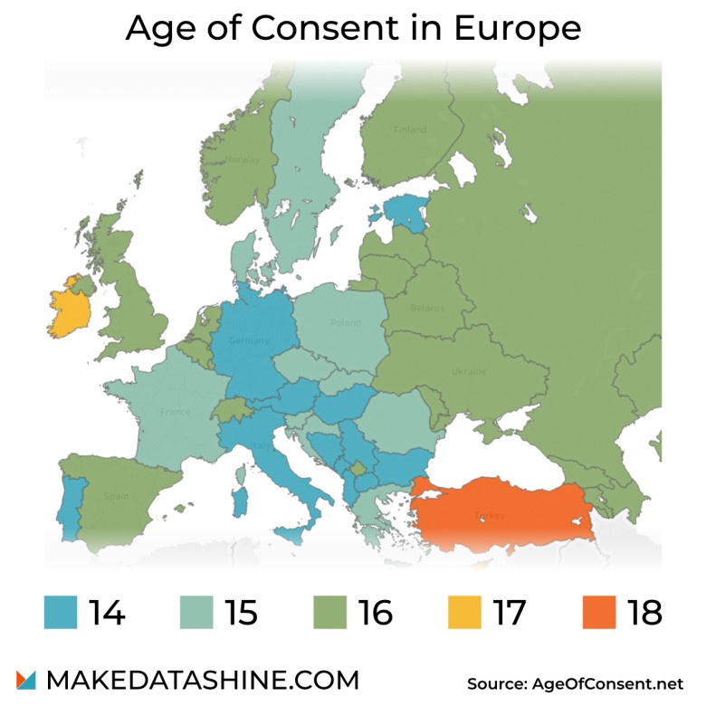Wiek zgody (wyrażenia ważnej prawnie zgody na czynności seksualne) w poszczególnych krajach Europy