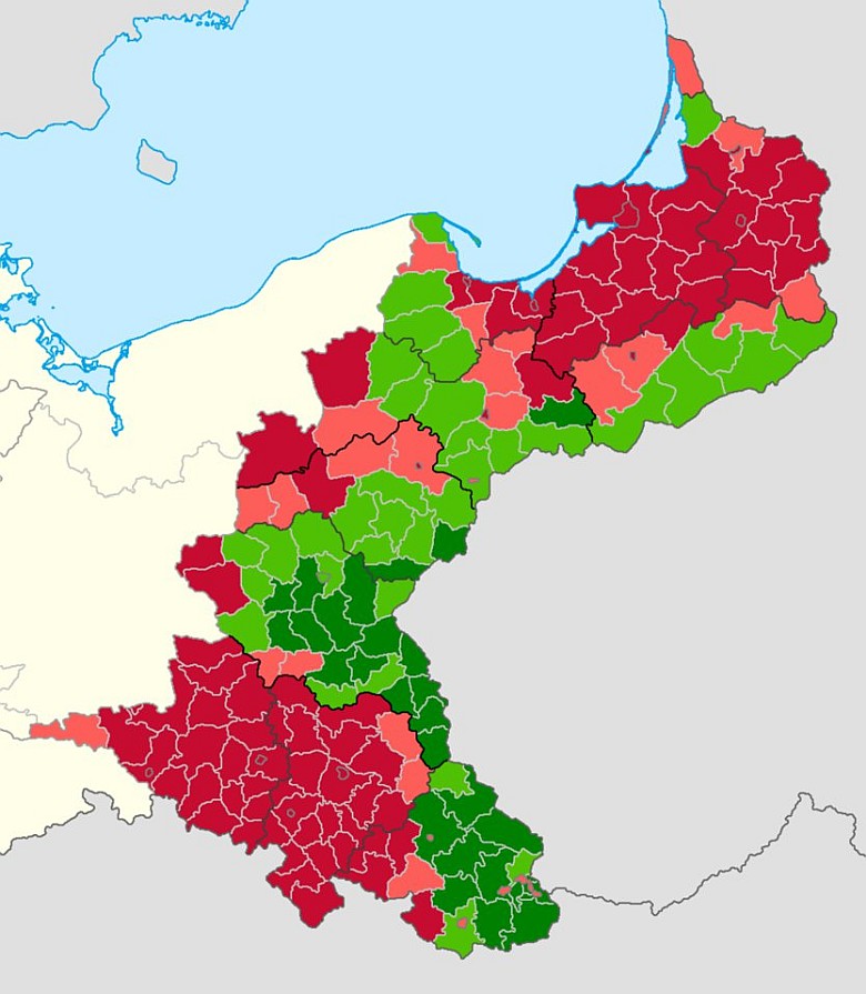 Mapa etniczna Niemiec wschodnich z 1910 roku (czerwony - dominacja Niemców, zieleń - Polaków)