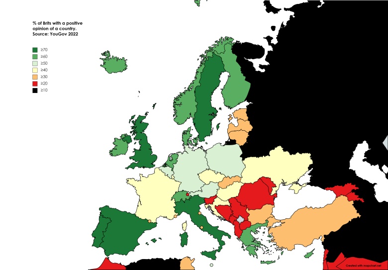 Które kraje europejskie Brytyjczycy lubią najbardziej?, źródło YouGov, 2022