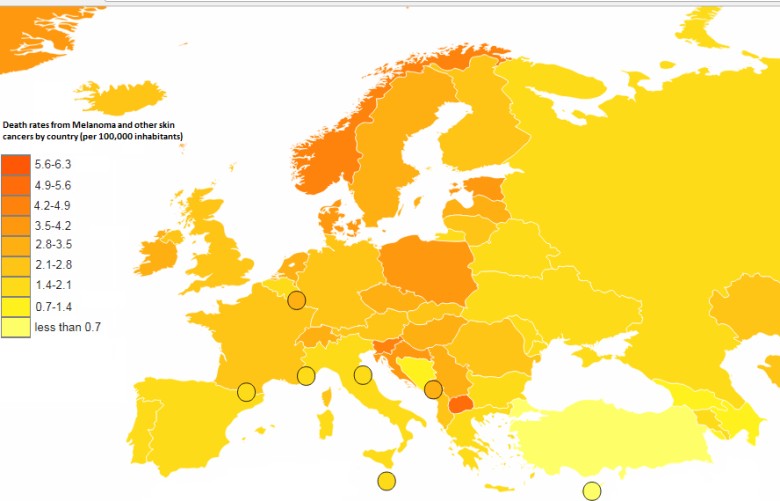 Współczynniki umieralności z powodu raka skóry w Europie, 2004