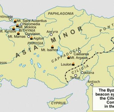 Imperium Bizantyjskie używało systemu sygnałów nawigacyjnych (telegrafu optycznego) do przesyłania wiadomości z Azji ...