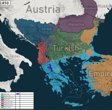 Etniczna mapa Imperium Osmańskiego (Bałkany), połowa XIX wieku