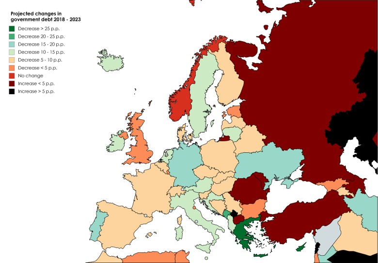 Przewidywane zmiany w europejskim długu publicznym 2018 - 2023, dane MFW