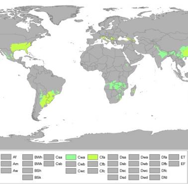 Obszary na świecie o klimacie subtropikalnym według klasyfikacji klimatycznej Köppen