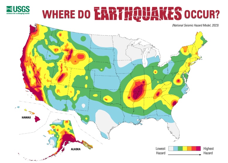 Mapa zagrożenia trzęsieniem ziemi w USA, dane USGS, 2023
