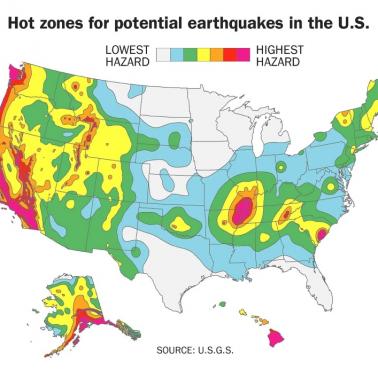 Mapa zagrożenia trzęsieniem ziemi w USA, dane USGS