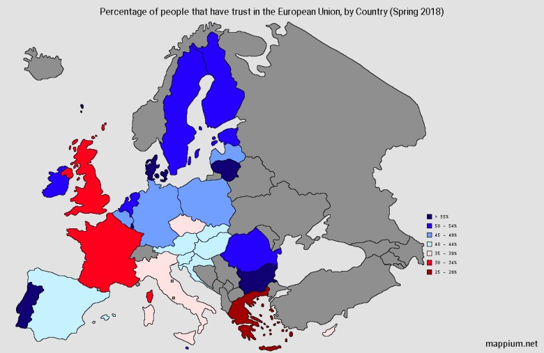 Zaufanie do Unii Europejskiej według kraju, wiosna 2018