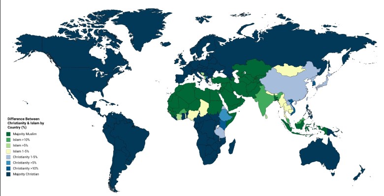 Różnica między chrześcijaństwem a islamem według kraju (%, 2018)