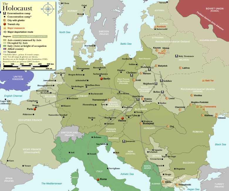 Miejsca Holokaustu i główne kierunki transportów Żydów w Europie, 1942