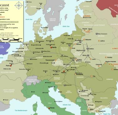 Miejsca Holokaustu i główne kierunki transportów Żydów w Europie