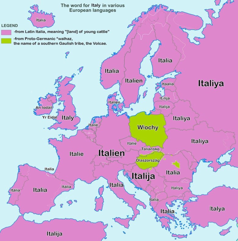 Włochy w różnych europejskich językach