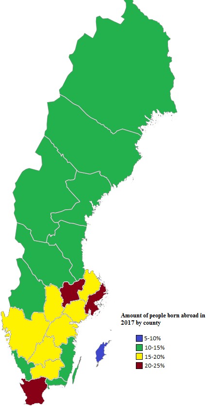 Odsetek ludności urodzonej za granicą w Szwecji według regionów, 2017