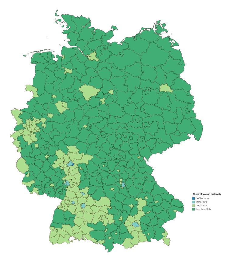 Procentowy udział cudzoziemców w niemieckich miastach i dzielnicach