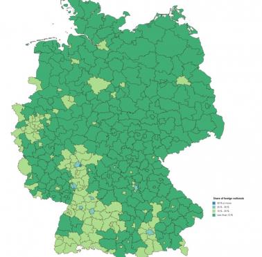 Procentowy udział cudzoziemców w niemieckich miastach i dzielnicach