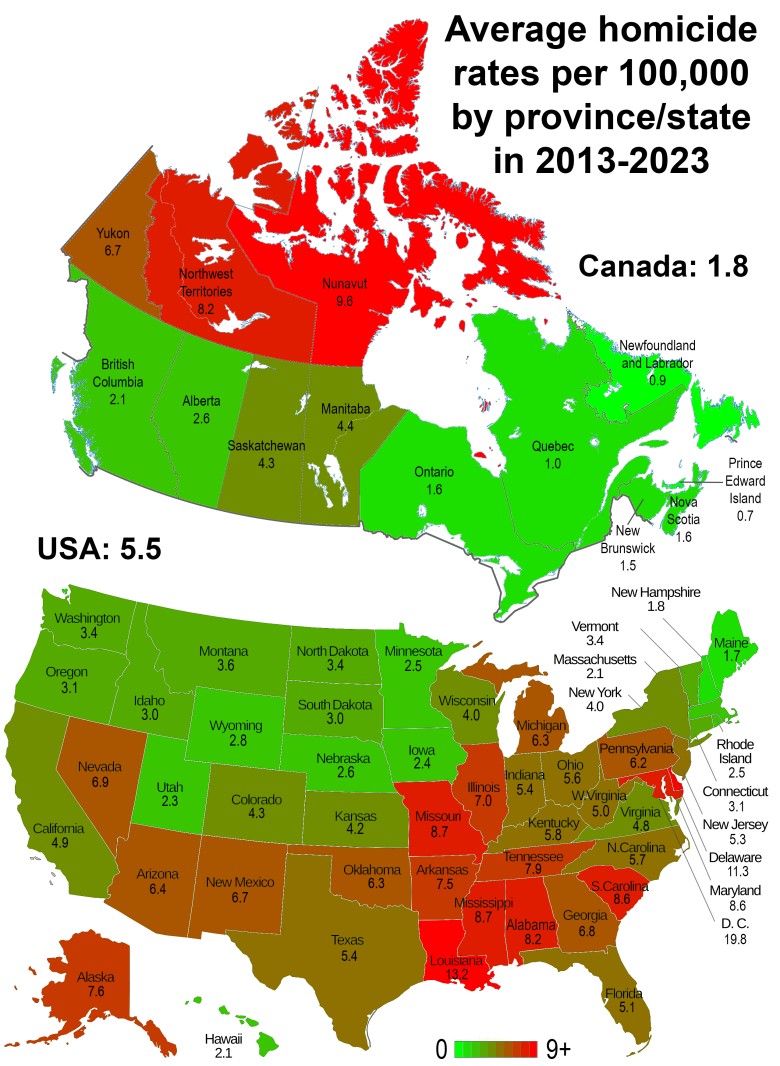 Mapa średniego rocznego wskaźnika zabójstw w latach 2013-2023 w Kanadzie i USA