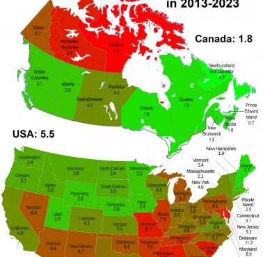 Mapa średniego rocznego wskaźnika zabójstw w latach 2013-2023 w Kanadzie i USA