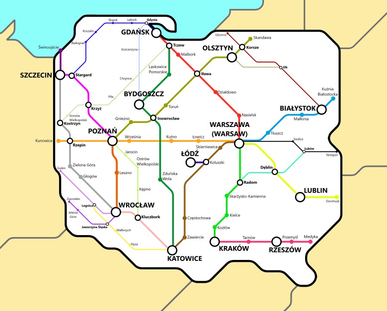 Stylizowane na mapę metra koleje w Polsce
