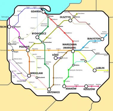 Stylizowane na mapę metra koleje w Polsce