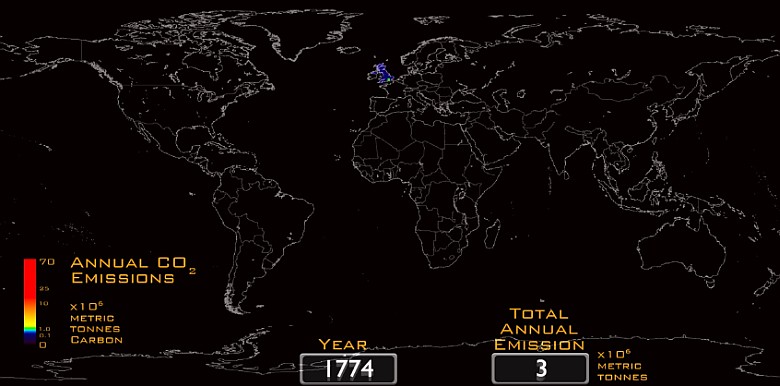 Historia emisji CO2 wyemitowana przez ludzi w latach 1751-2008 (animacja HD)