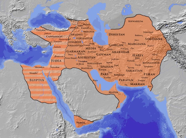 Zasięg perskiego imperium Sasanidów po upadku Rzymu, przed podbojem przez islamistów, 621 r n.e.