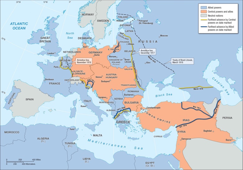 Najdalszy zasięg panowania II Rzeszy (Niemiec), Austro-Węgier i aliantów podczas I wojny światowej