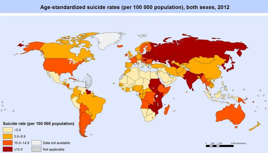 Wskaźniki samobójstw według krajów, 2012