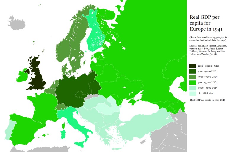 Realny PKB na mieszkańca dla Europy w 1941 roku