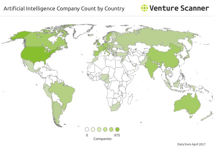 Liczba firm na świecie z podziałemna kraje zajmujących się sztuczną inteligencją (AI), kwiecień 2017