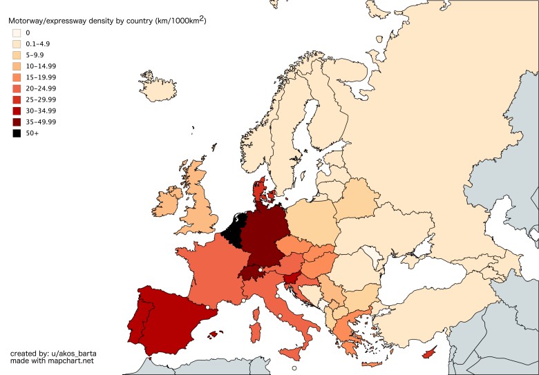 Państwa w Europie o największym zagęszczenie autostrad i dróg ekspresowych