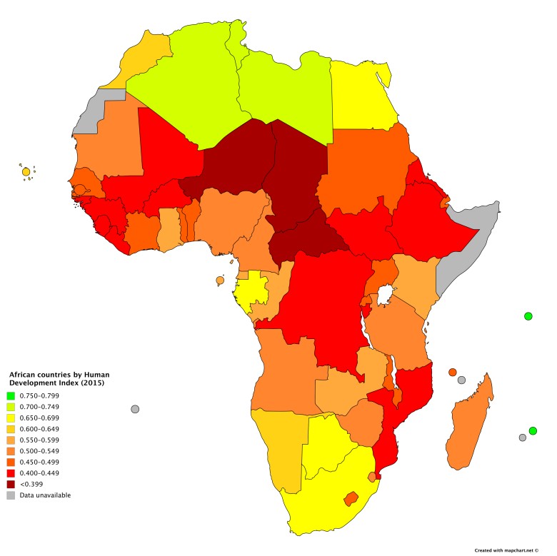 Wskaźnik rozwoju społecznego HDI (od ang. Human Development Index) w Afryce, 2015