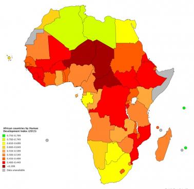 Wskaźnik rozwoju społecznego HDI (od ang. Human Development Index) w Afryce, 2015