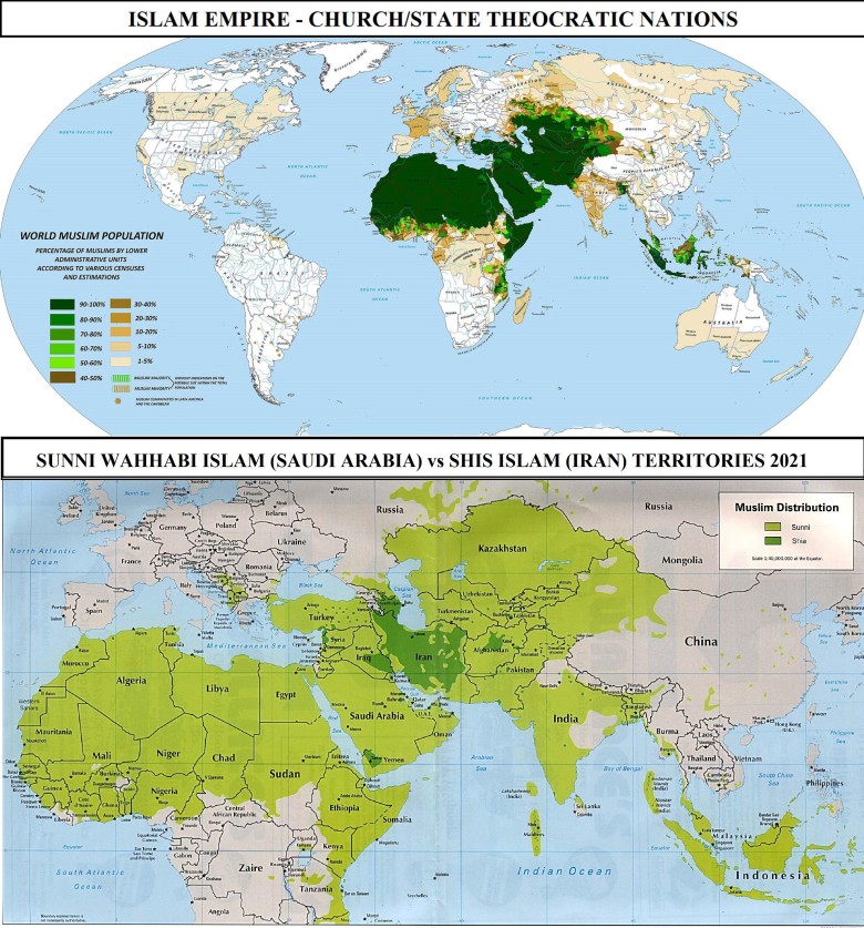 Świat islamu z podziałem na szyitów i sunnitów (wahhabickim). Islam na świecie, 2021