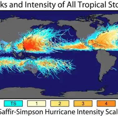 Występowanie i intensywność wszystkich tropikalnych burz