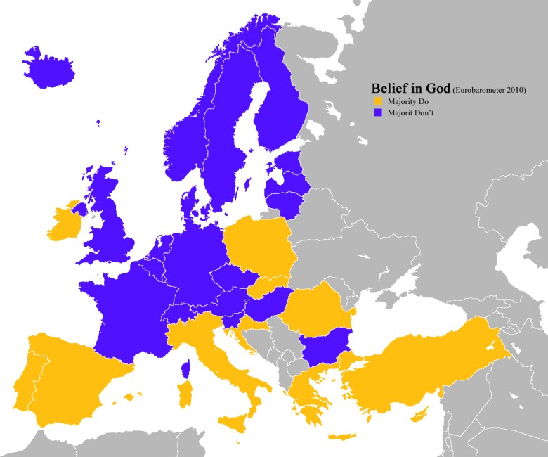 Państwa europejskie, w których większość osób uważa, że wierzy w Boga, 2010