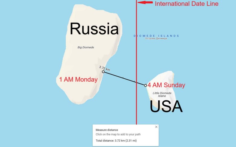 Cieśninie Beringa, wyspy Diomedesa, granica rosyjsko-amerykańska. Najbliższy punkt między Rosją a USA 3,72 km