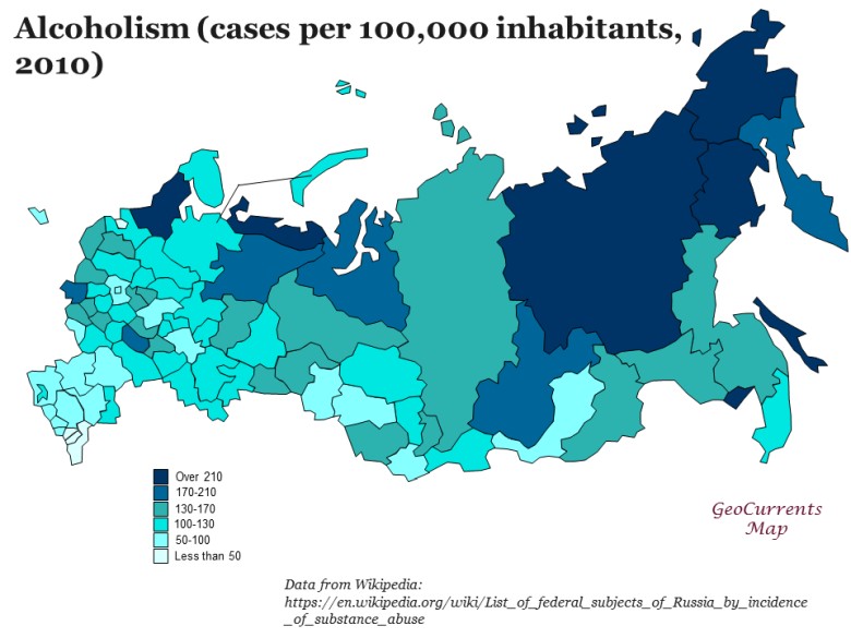 Rosyjski wskaźnik alkoholizmu (przypadki na 100 tys. mieszkańców) według regionów, 2010