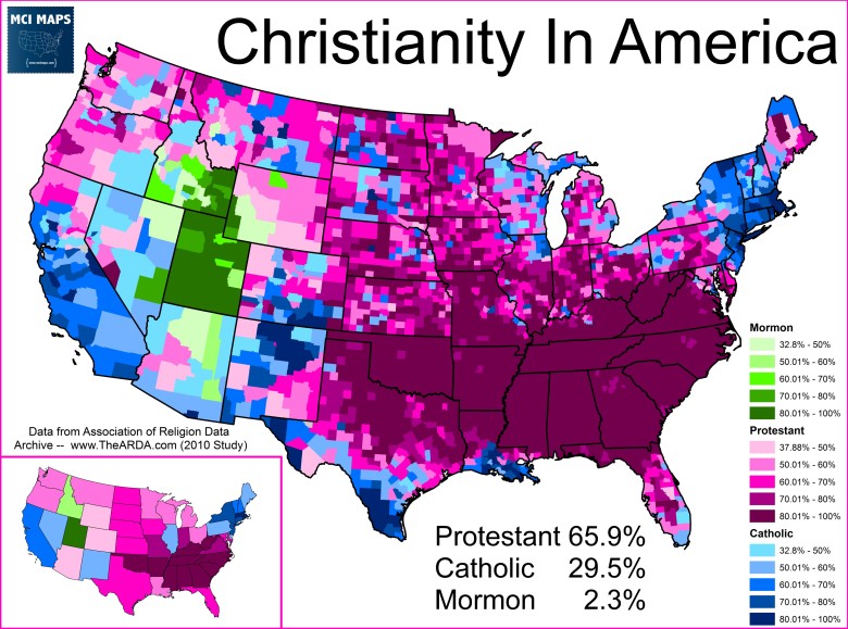 Chrześcijanie, protestanci i mormoni w USA z podziałem na hrabstwa, 2010