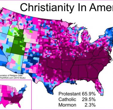 Chrześcijanie, protestanci i mormoni w USA z podziałem na hrabstwa, 2010