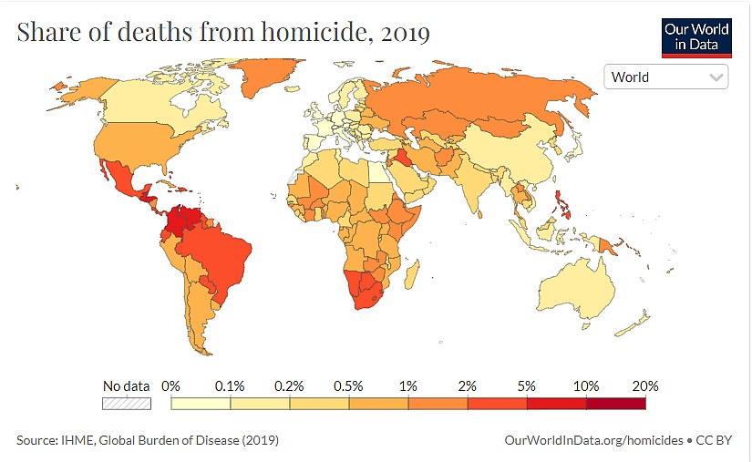 Udział zgonów z powodu zabójstw w ogólnej liczbie zgonów i współczynniku zabójstw na świecie, 2019 r.