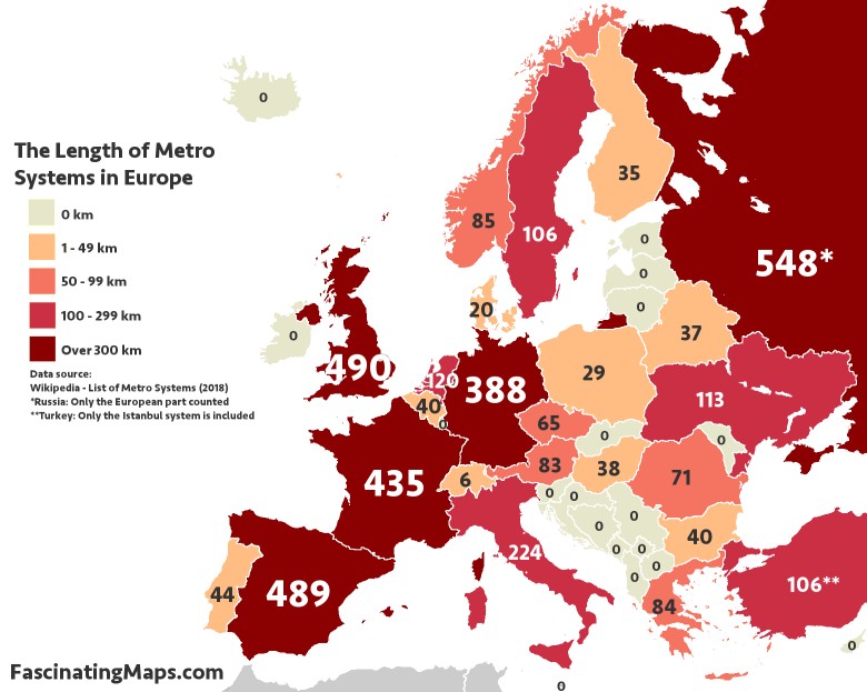 Długość linii metra, Europa, 2018