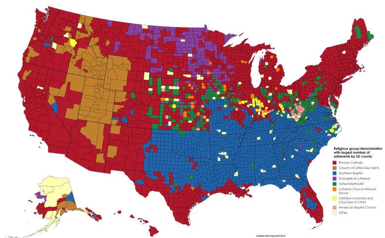 Dominująca grupa religijna (najwięcej wyznawców) w każdym hrabstwie USA