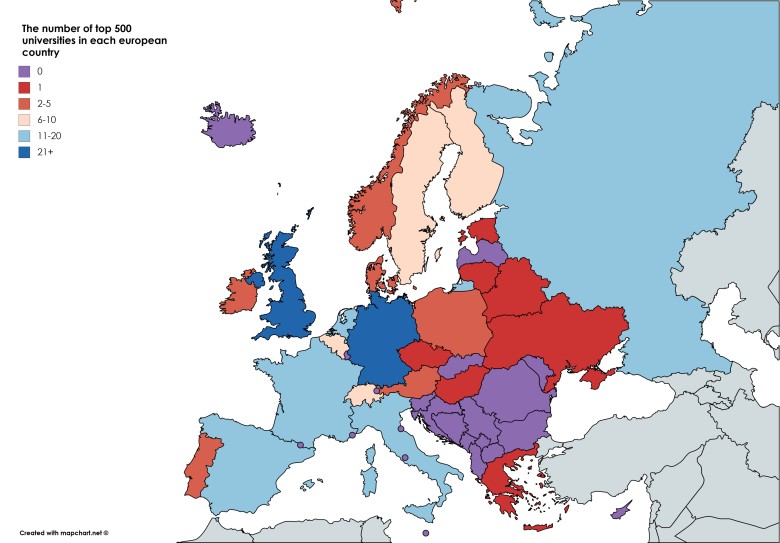 Liczba uniwersytetów z listy top500 w każdym kraju europejskim