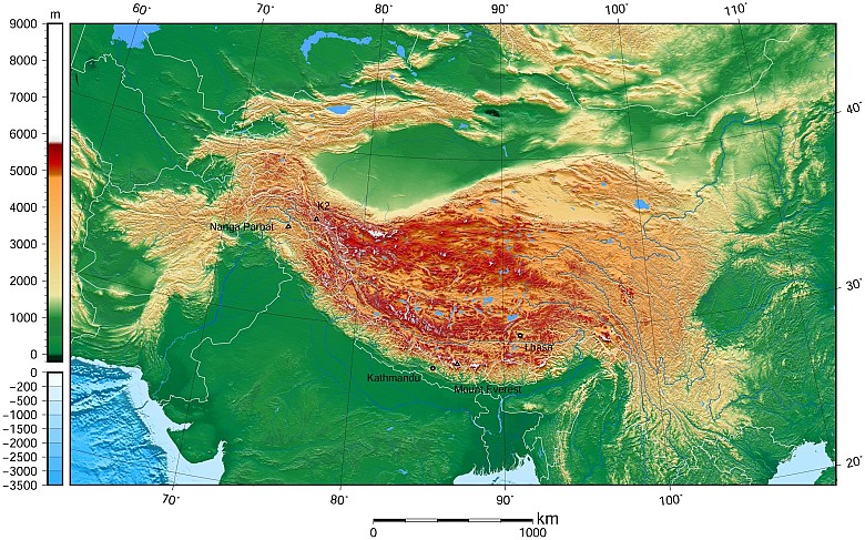 Mapa topograficzna Tybetu i okolic