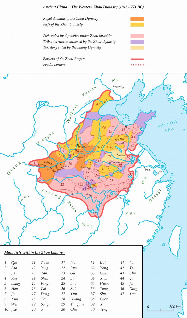 Zasięg państwa chińskiego podczas rządów dynastii Zhou, 1045 - 771 p.n.e.
