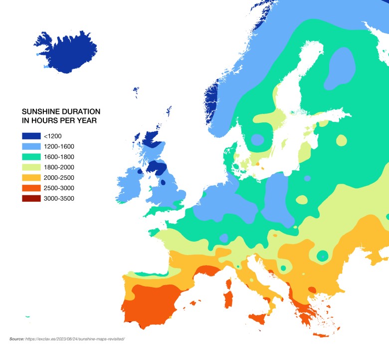 Czas trwania nasłonecznienia (w godzinach w skali roku) w Europie, 2023