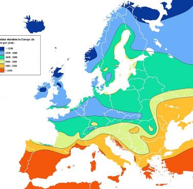 Czas trwania nasłonecznienia (w godzinach w skali roku) w Europie