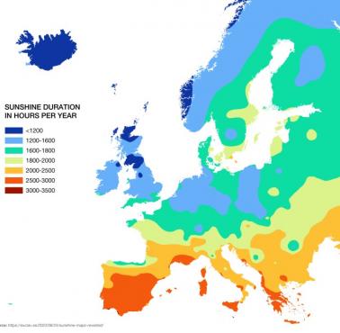 Czas trwania nasłonecznienia (w godzinach w skali roku) w Europie, 2023