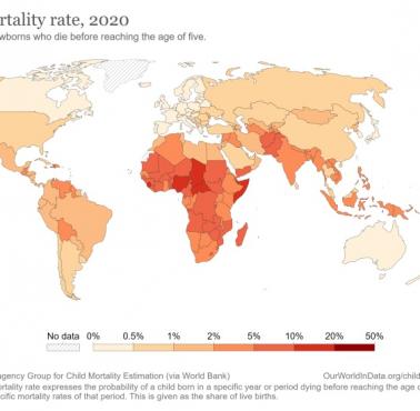 Wskaźnik śmiertelności dzieci (poniżej 5 roku życia na 1000 żywych urodzeń) na świecie, 2020