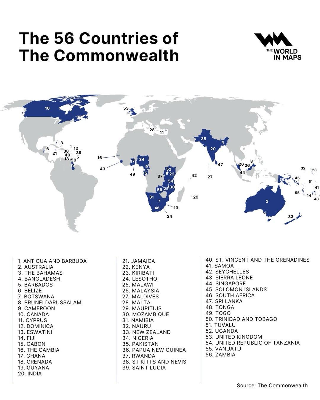 56 krajów Commonwealth (pozostałości Imperium Brytyjskiego)