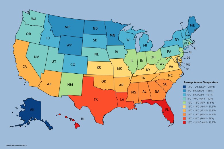 Średnia roczna temperatura w każdym stanie USA